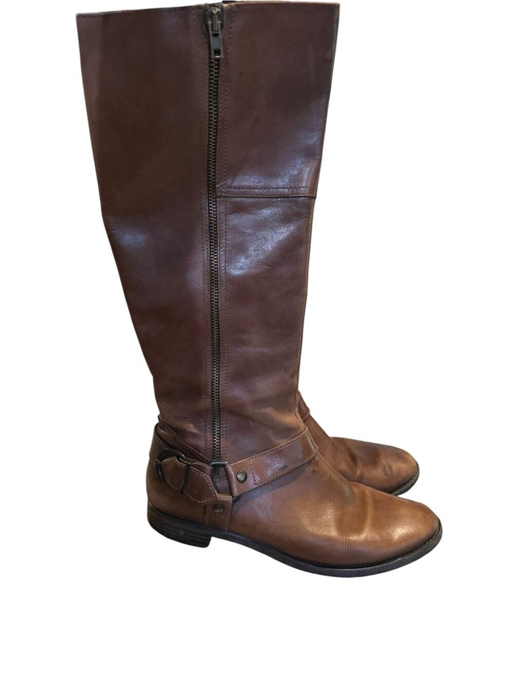 Y2K ALDO Brown Leather Tall Riding Boots Harness Buckle Zip Women’s US 8.5 EU 39